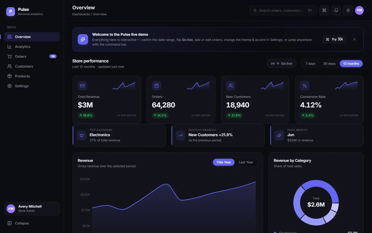 Pulse revenue analytics dashboard desktop interface