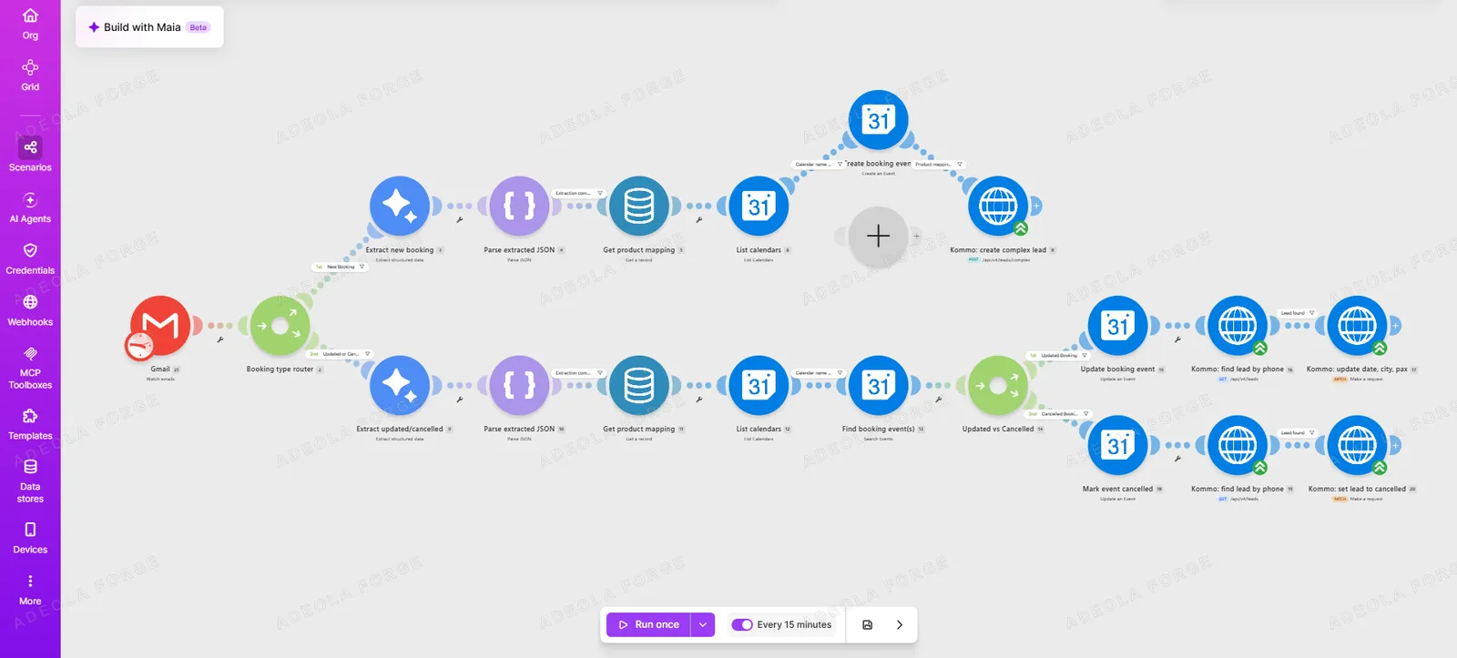 Make.com scenario migrated from Relay.app, routing Bókun booking emails from Gmail through Gemini extraction into Google Calendar and Kommo CRM, split into new, updated and cancelled booking paths.
