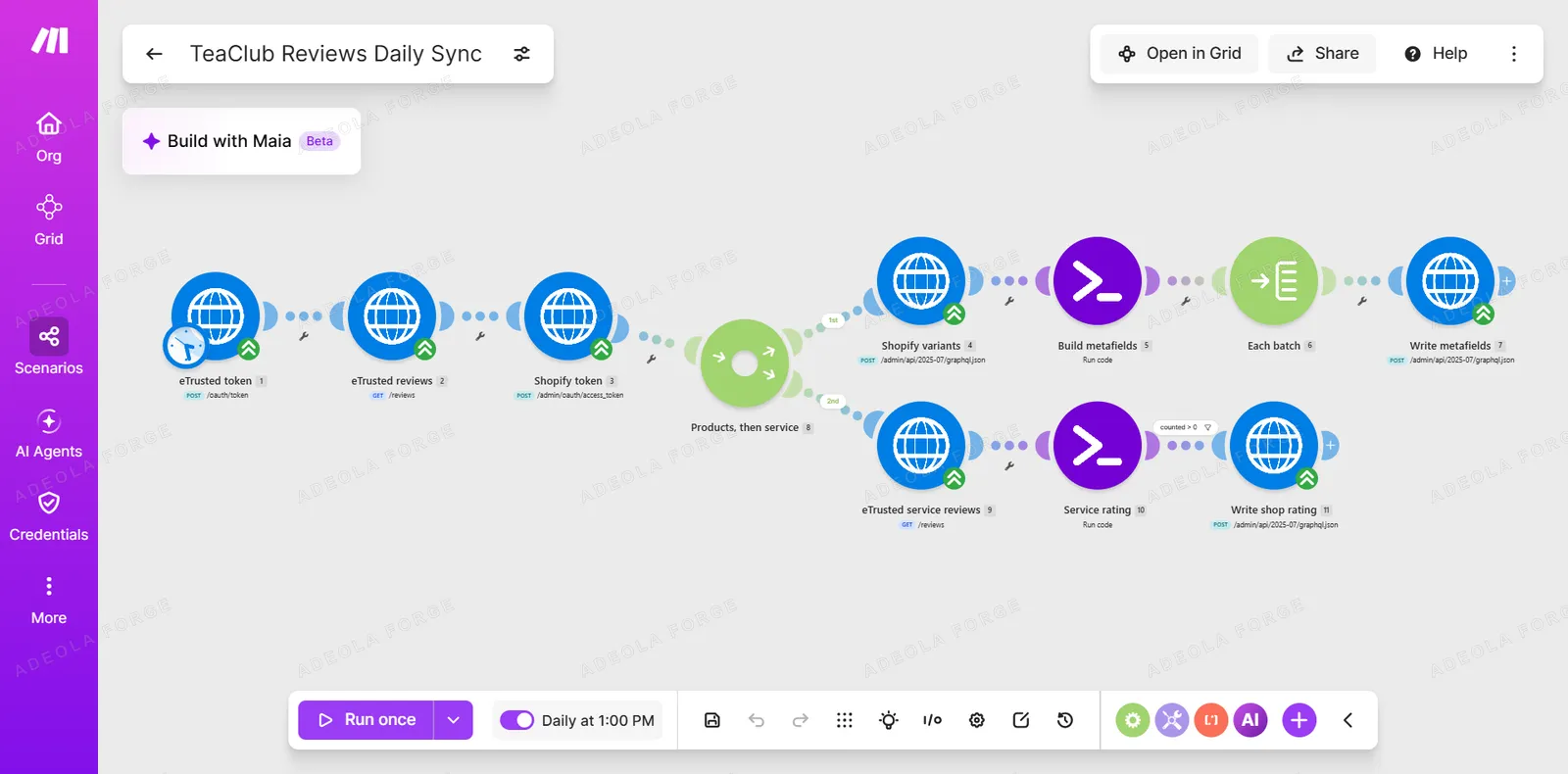 tea-club.de review sync automation scenario in Make.com